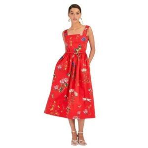□$2,390 NEW OSCAR DE LA RENTA STUNNING RED FLORAL MIDI  RUNWAY DRESS US 10